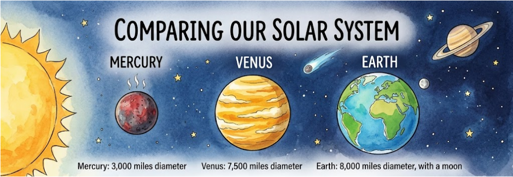 Comparing our Solar System: Mercury, Venus and Earth, in order from the Sun. Diameters: Mercury 3,000 miles; Venus 7,500 miles; Earth 8,000 miles, with a moon.